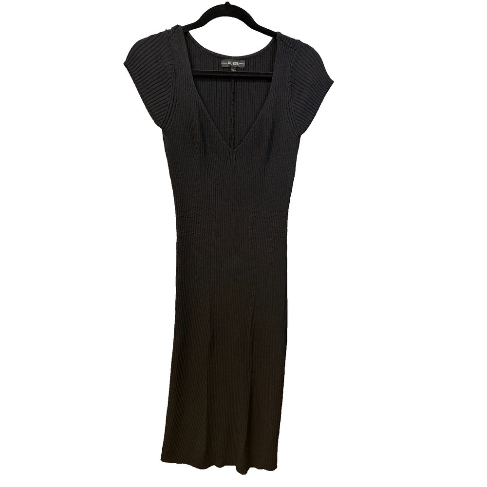 Guess Black Rib Knit Midi Sweater Dress‎ Short Sleeve V-Neckline women's Size L